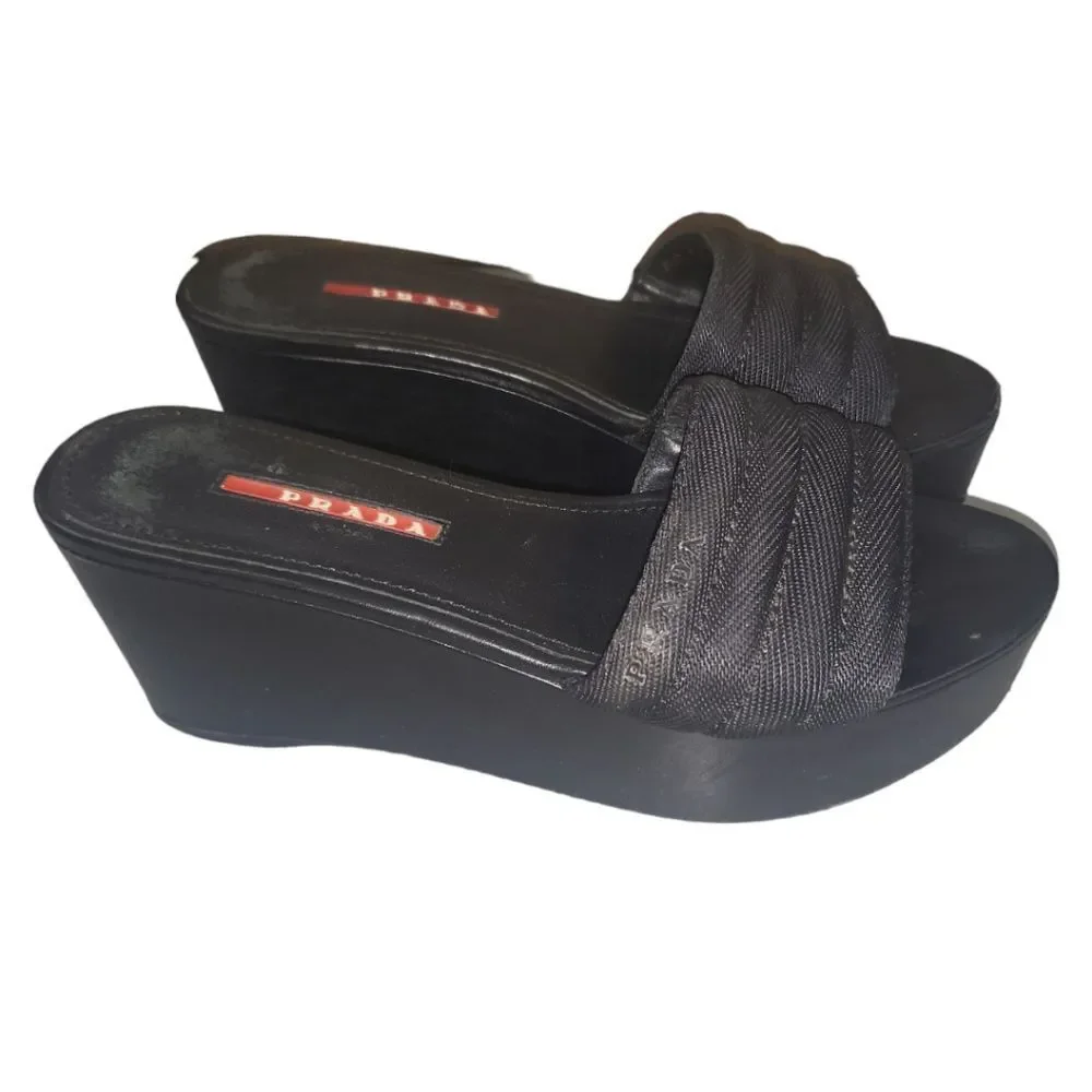 PRADA Vintage Y2K 2000s Black Mesh‎ Leather Platform Slip-on Sandal Size 36